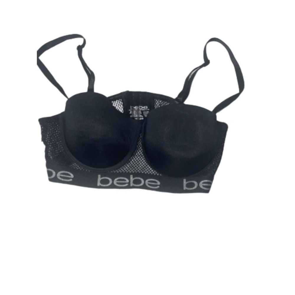 Classic Black BeBe Logo White Lettering Mesh 38C Mesh Back Push Up Padded Bra